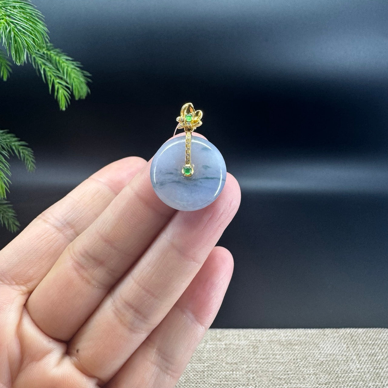 "Good Luck Button"Jadeite Jade Lucky KouKou Pendant With 18K Yellow Gold Diamonds Bail