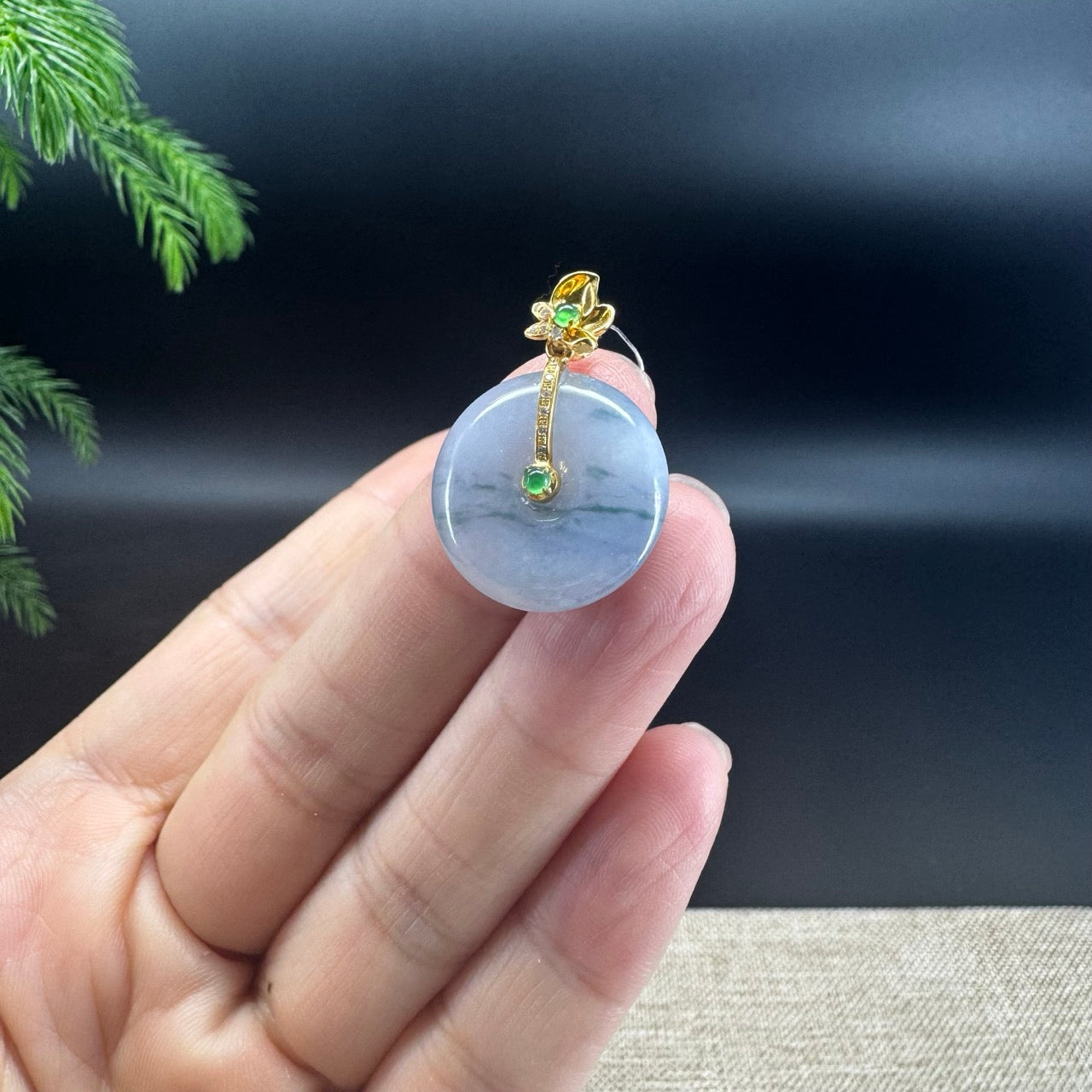 "Good Luck Button"Jadeite Jade Lucky KouKou Pendant With 18K Yellow Gold Diamonds Bail