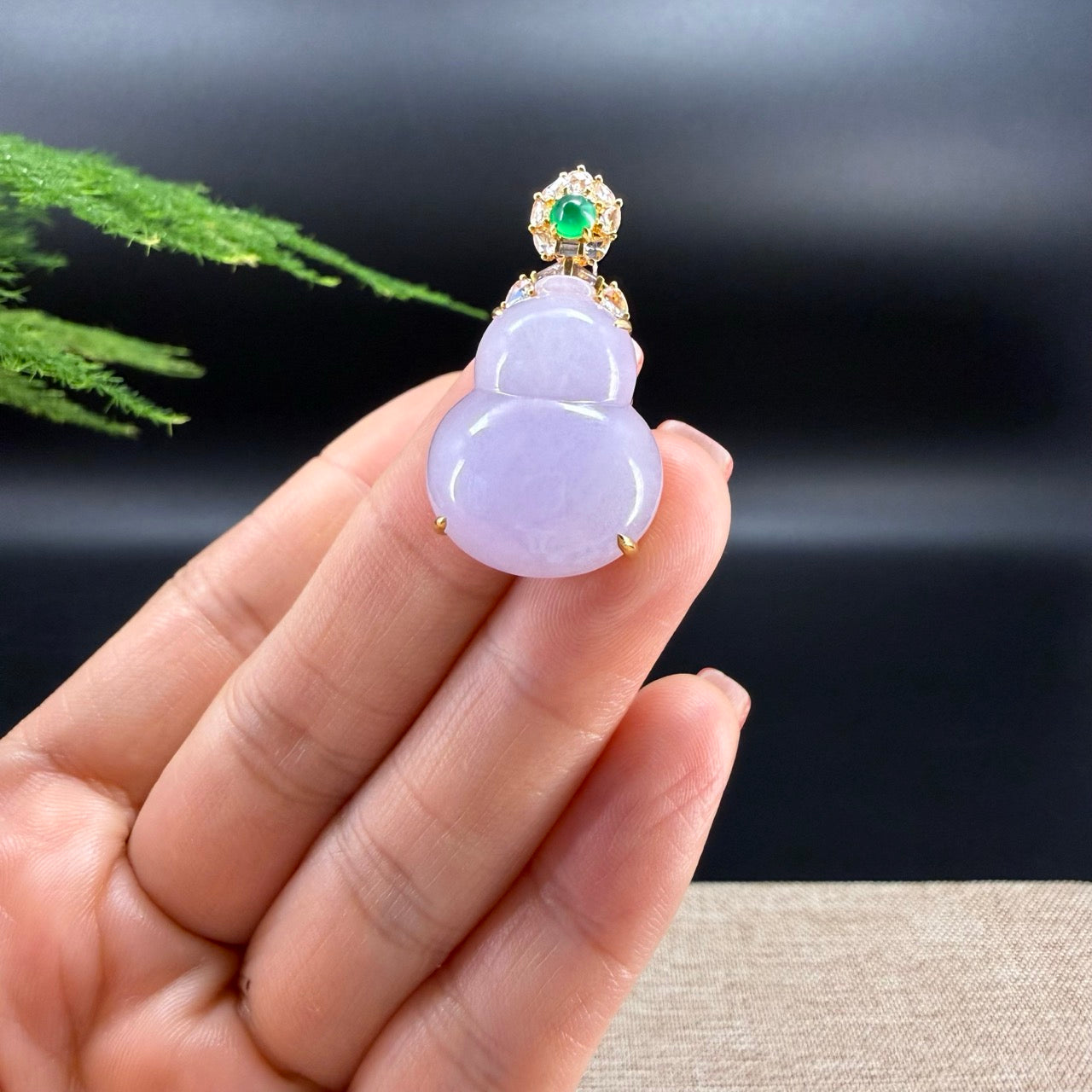 RealJade® Co. Genuine Light Lavender Jadeite Jade Good Luck Hulu Necklace With 18K Yellow Gold Bail And Diamonds