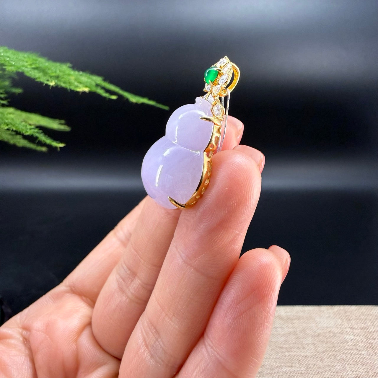 RealJade® Co. Genuine Light Lavender Jadeite Jade Good Luck Hulu Necklace With 18K Yellow Gold Bail And Diamonds