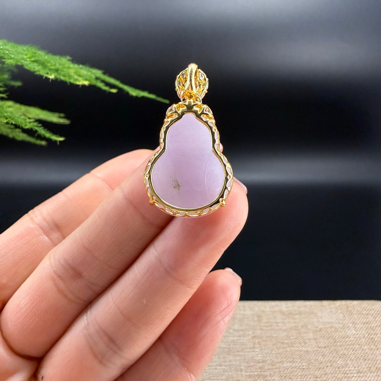 RealJade® Co. Genuine Light Lavender Jadeite Jade Good Luck Hulu Necklace With 18K Yellow Gold Bail And Diamonds
