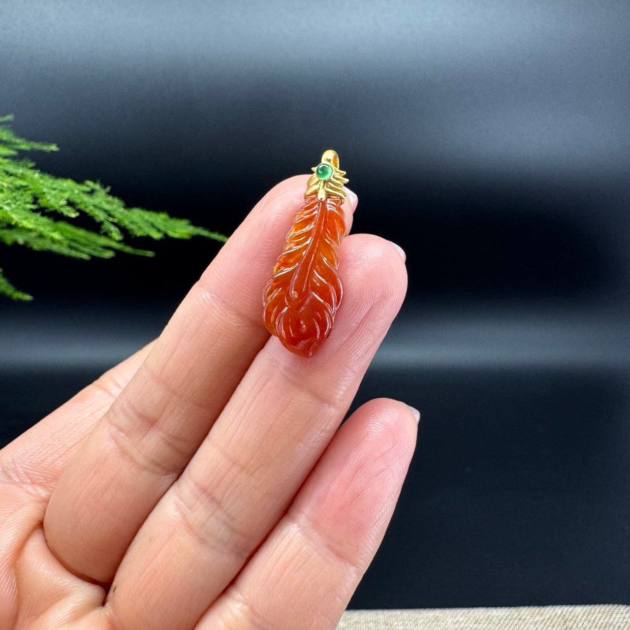 RealJade® Co. 18K Yellow Gold Genuine Red Jadeite Jade Feather Necklace