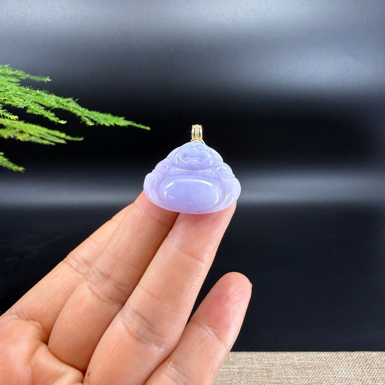 14K Yellow Gold Natural Burmese Lavender Jadeite Jade Happy Buddha Pendant with Gold Diamond Bail