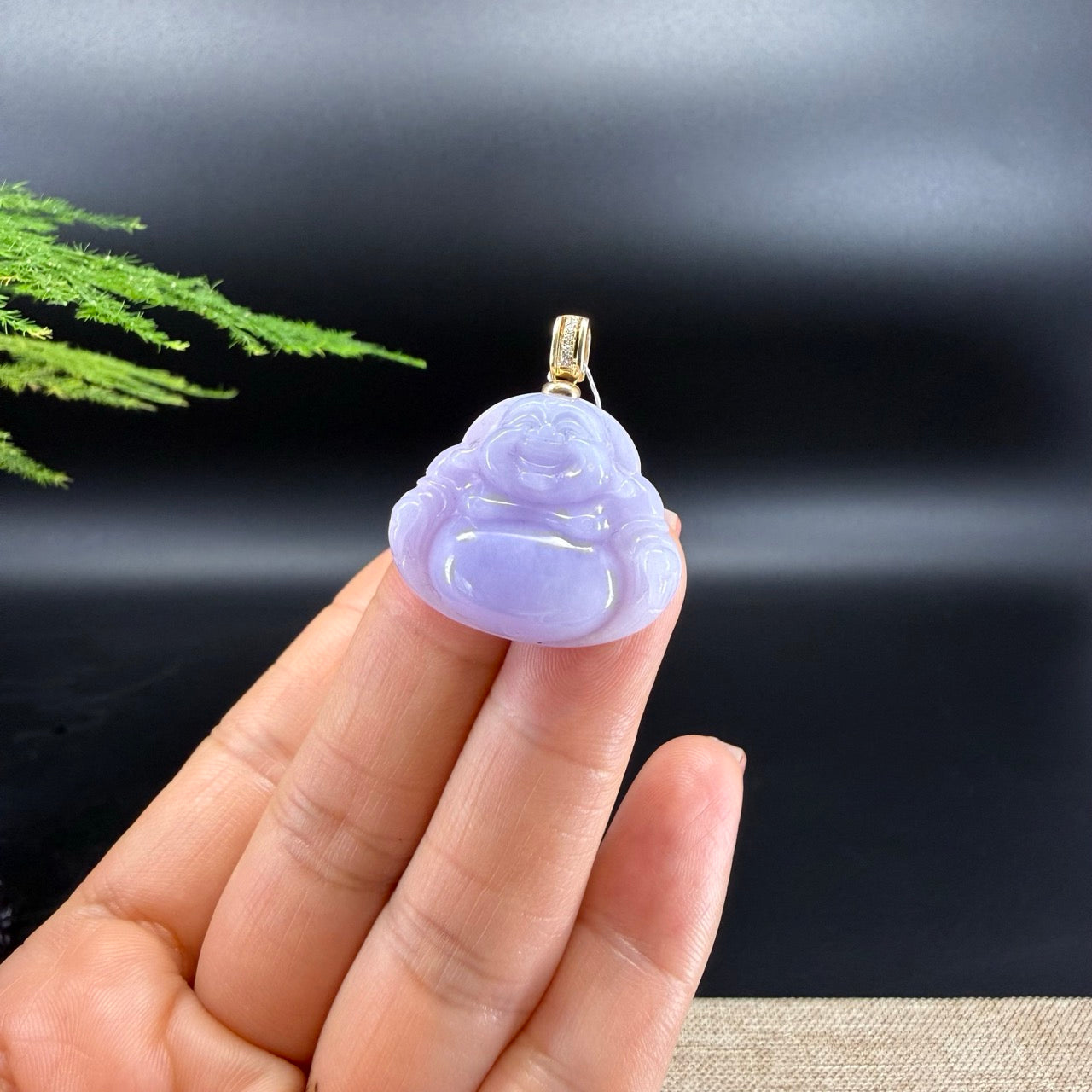 14K Yellow Gold Natural Burmese Lavender Jadeite Jade Happy Buddha Pendant with Gold Diamond Bail