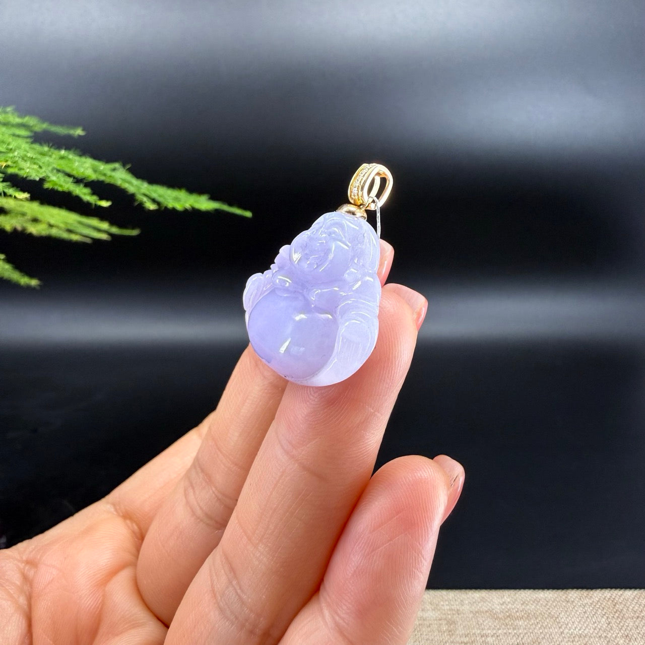 14K Yellow Gold Natural Burmese Lavender Jadeite Jade Happy Buddha Pendant with Gold Diamond Bail