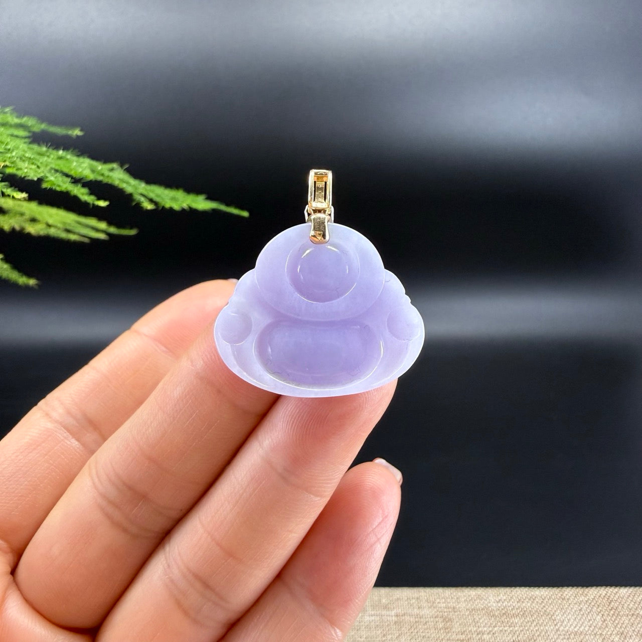 14K Yellow Gold Natural Burmese Lavender Jadeite Jade Happy Buddha Pendant with Gold Diamond Bail