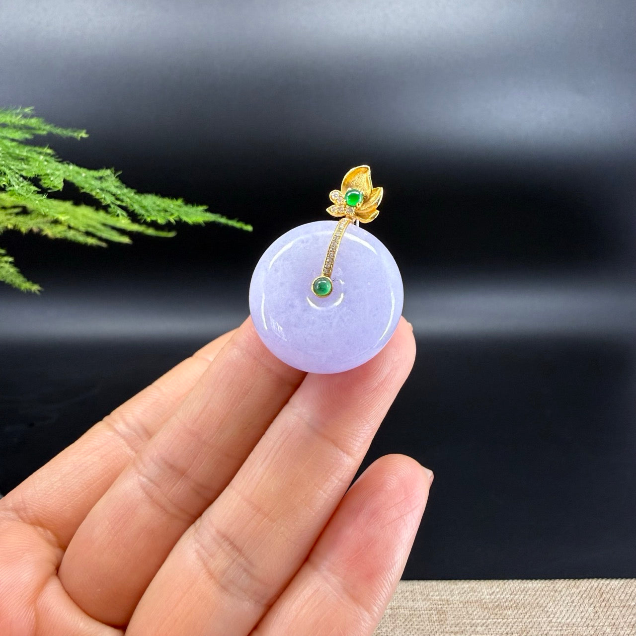 "Good Luck Button" Lavender Jadeite Jade Lucky KouKou Pendant With 18K Yellow Gold Bail