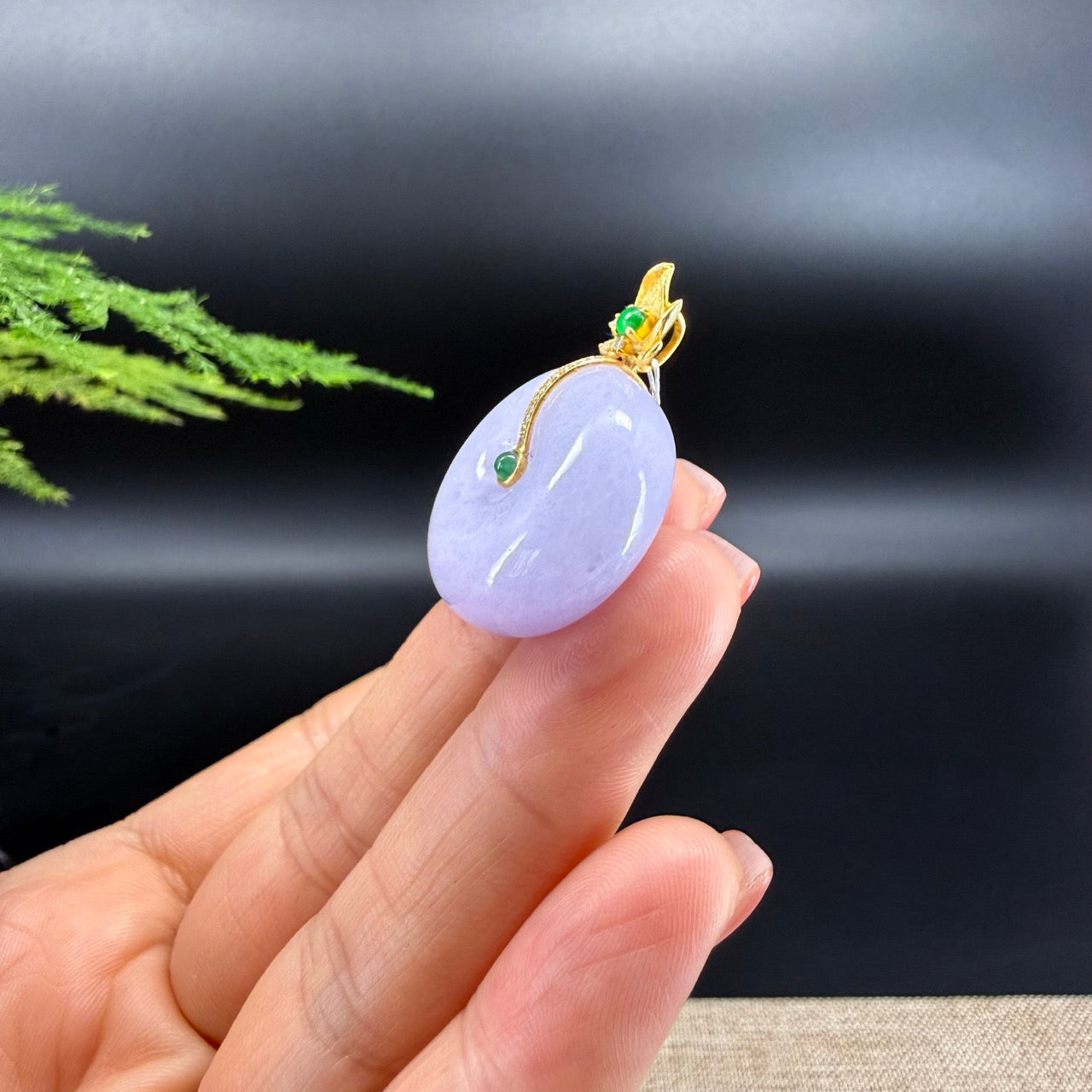 "Good Luck Button" Lavender Jadeite Jade Lucky KouKou Pendant With 18K Yellow Gold Bail
