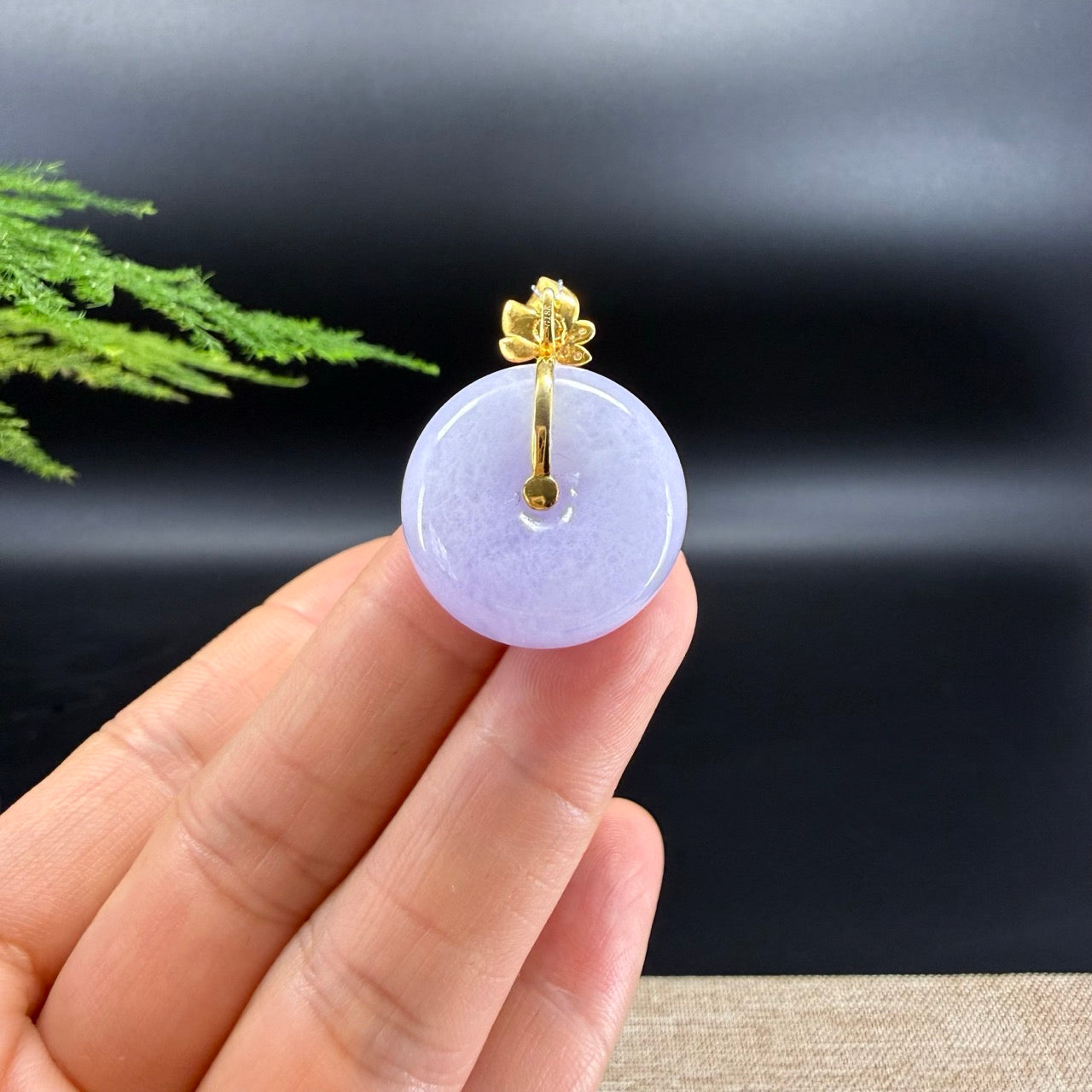 "Good Luck Button" Lavender Jadeite Jade Lucky KouKou Pendant With 18K Yellow Gold Bail