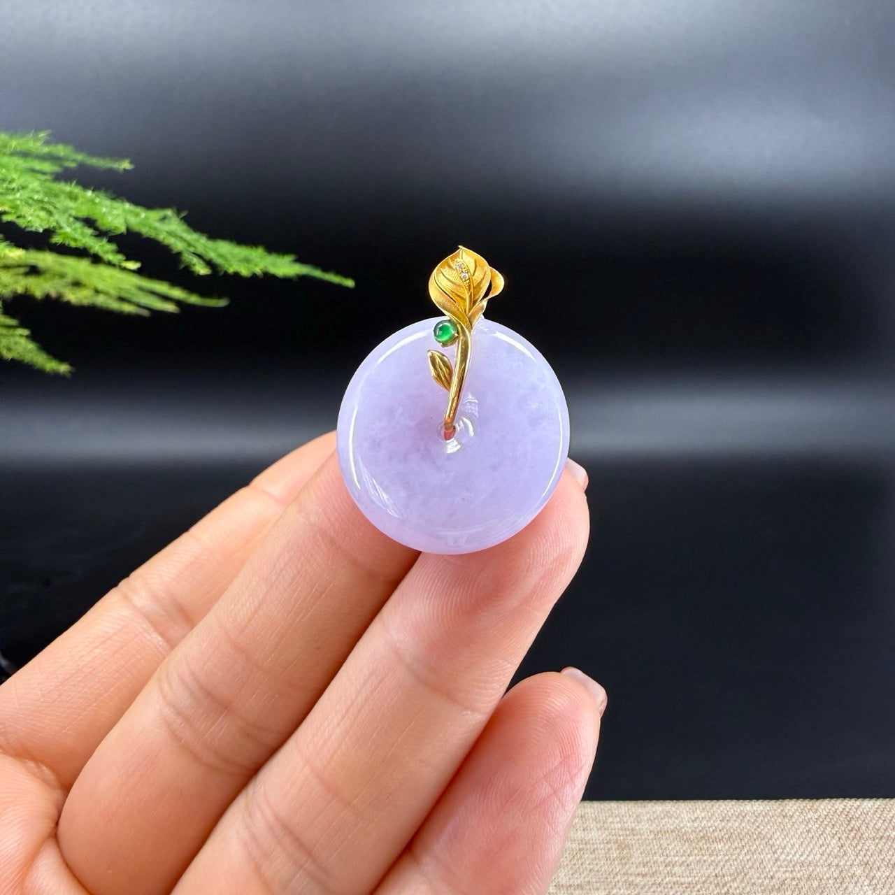 "Good Luck Button" Lavender Jadeite Jade Lucky KouKou Pendant With 18K Yellow Gold  Bail