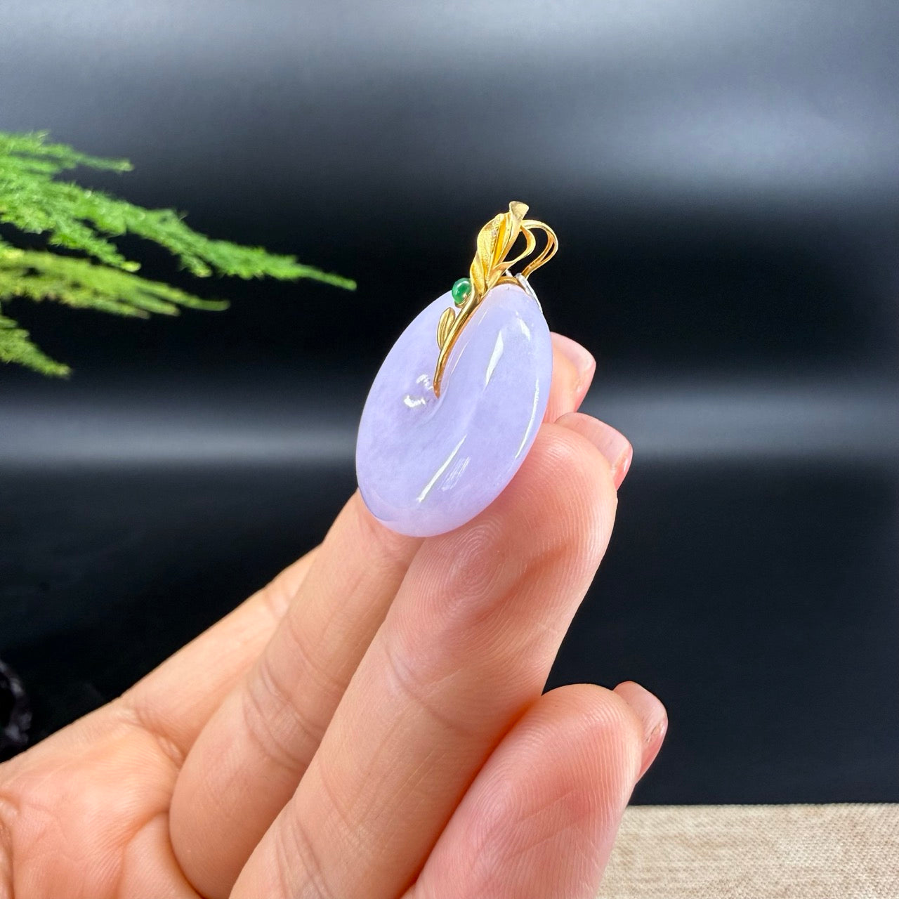 "Good Luck Button" Lavender Jadeite Jade Lucky KouKou Pendant With 18K Yellow Gold  Bail
