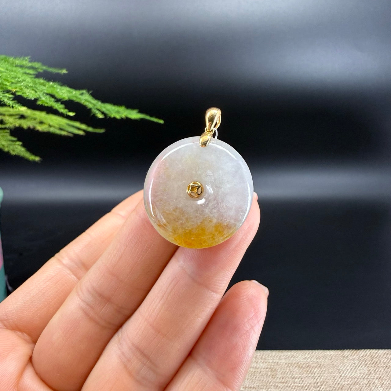 "Good Luck Button" Icy Yellow Jadeite Jade Lucky KouKou Pendant With 18K Yellow Gold Bail
