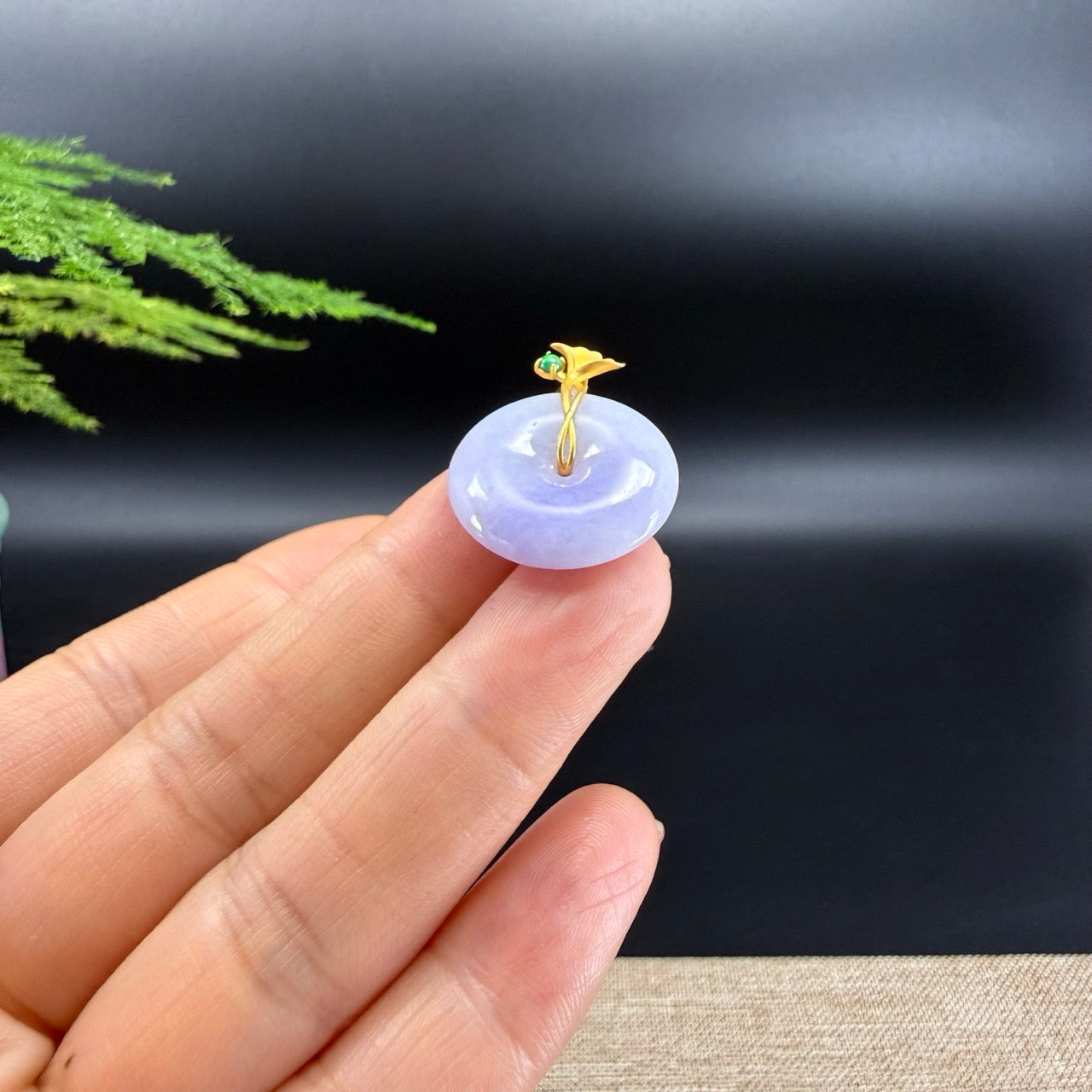 "Good Luck Button" Lavender Jadeite Jade Lucky KouKou Pendant With 18K Yellow Gold Bail