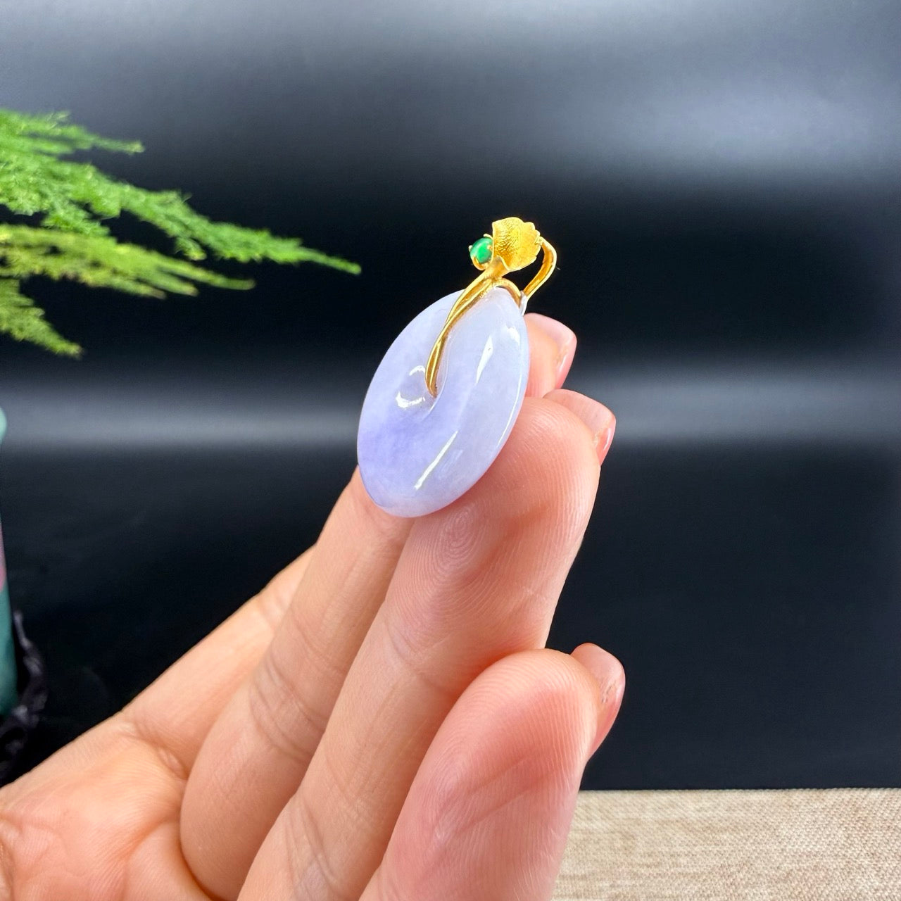 "Good Luck Button" Lavender Jadeite Jade Lucky KouKou Pendant With 18K Yellow Gold Bail