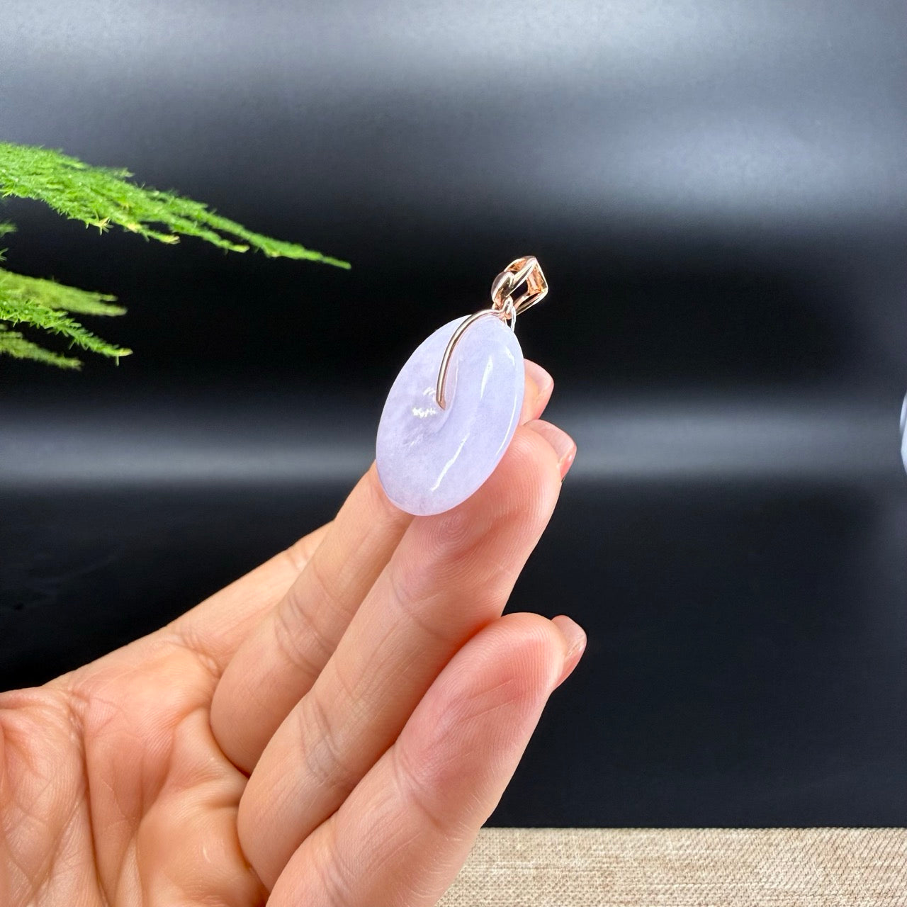 "Good Luck Button" Lavender Jadeite Jade Lucky KouKou Pendant With 14K Rose Gold Bail