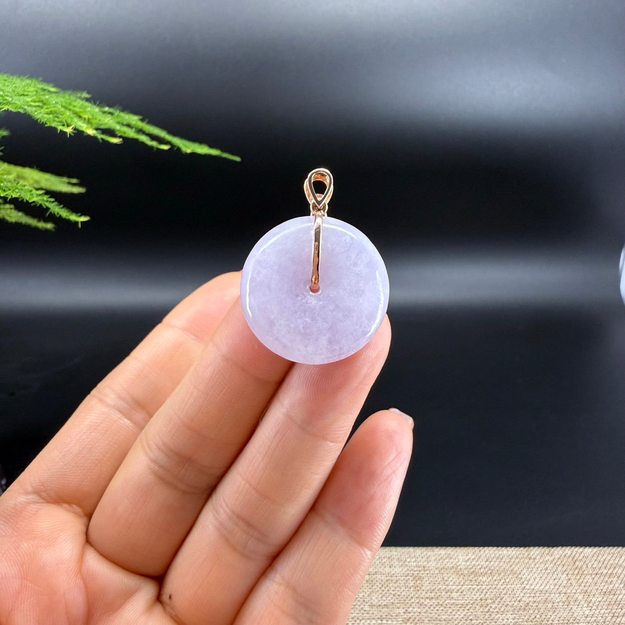 "Good Luck Button" Lavender Jadeite Jade Lucky KouKou Pendant With 14K Rose Gold Bail