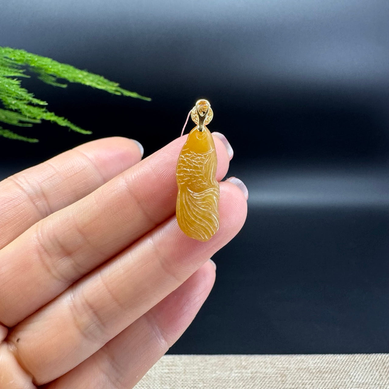 RealJade® Co. 18K Yellow Gold Genuine Honey Yellow Jadeite Jade Koi Fish Necklace