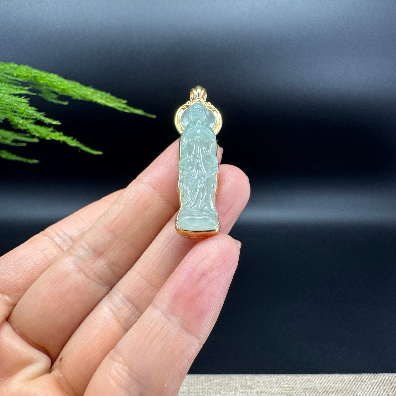 RealJade® 18K Yellow Gold Genuine Icy Green Jadeite Jade Mother Mary Pendant Necklace