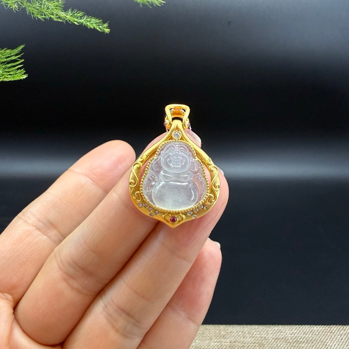 18K Yellow Gold Burmese Icy Jadeite Jade Happy Buddha Pendant with Diamonds