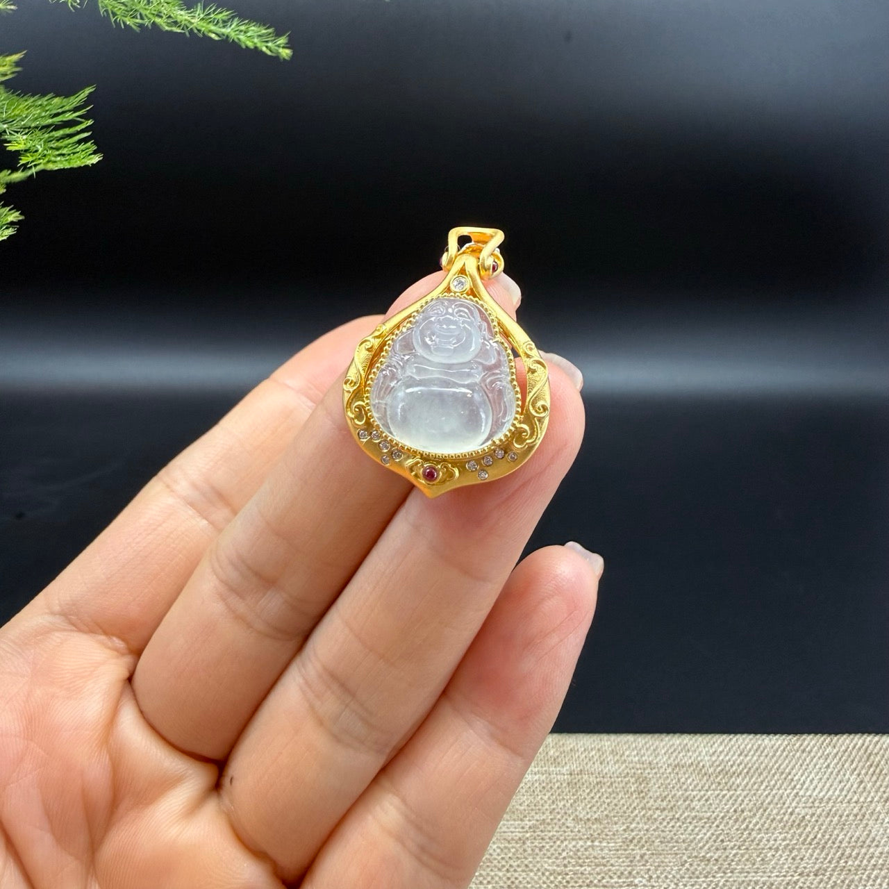 18K Yellow Gold Burmese Icy Jadeite Jade Happy Buddha Pendant with Diamonds