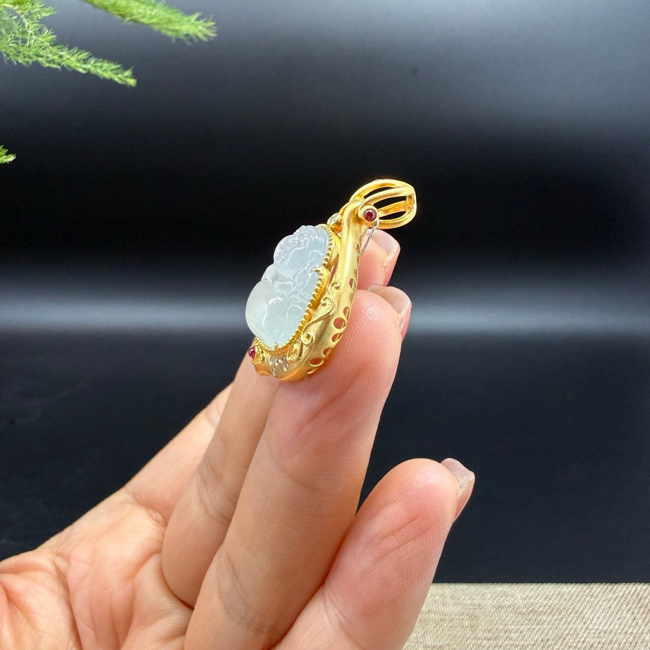 18K Yellow Gold Burmese Icy Jadeite Jade Happy Buddha Pendant with Diamonds