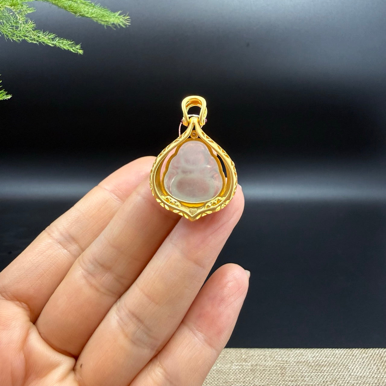 18K Yellow Gold Burmese Icy Jadeite Jade Happy Buddha Pendant with Diamonds