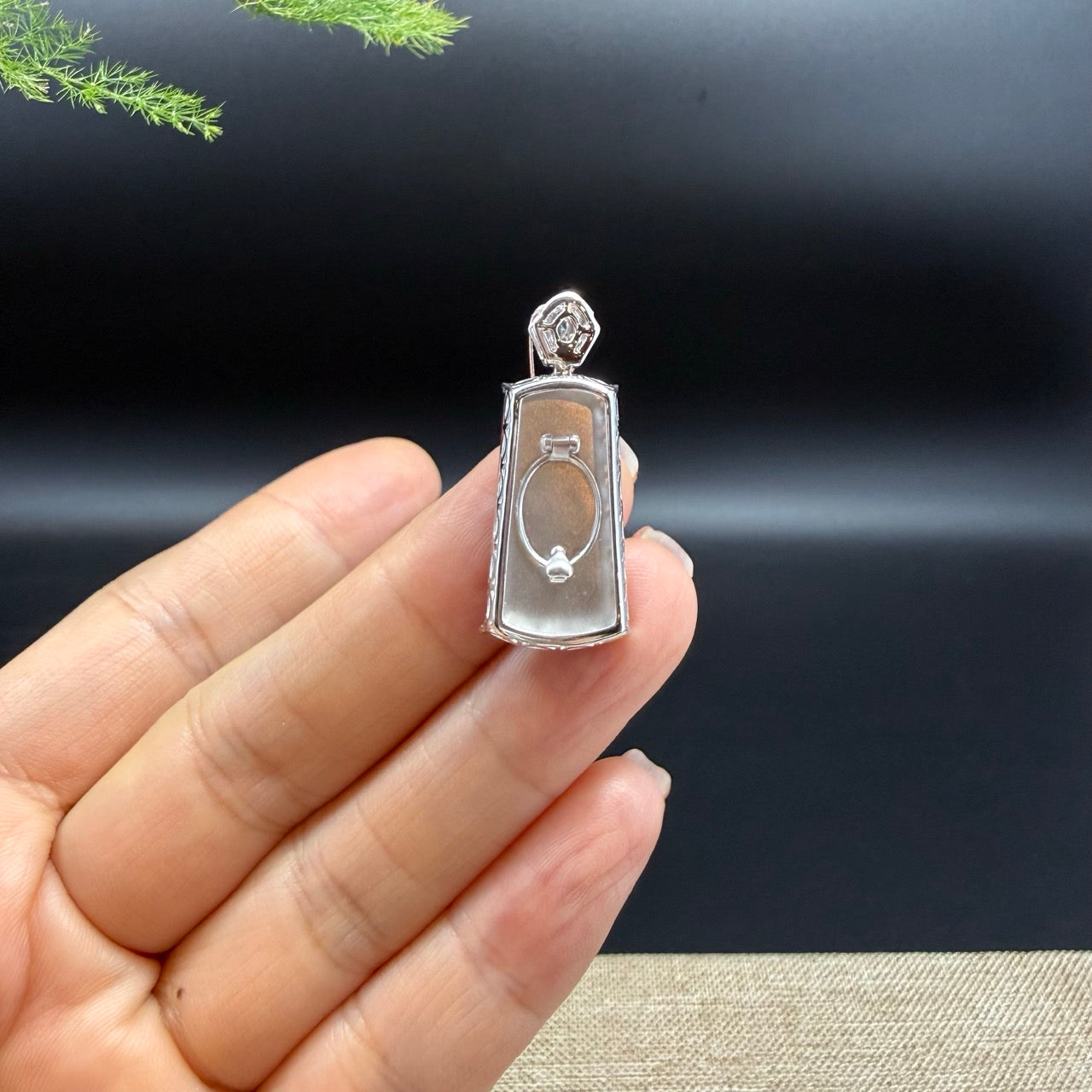 18k White Gold Honey Yellow Jadeite Jade"Ping An Wu Shi Pai" Pendant Necklace