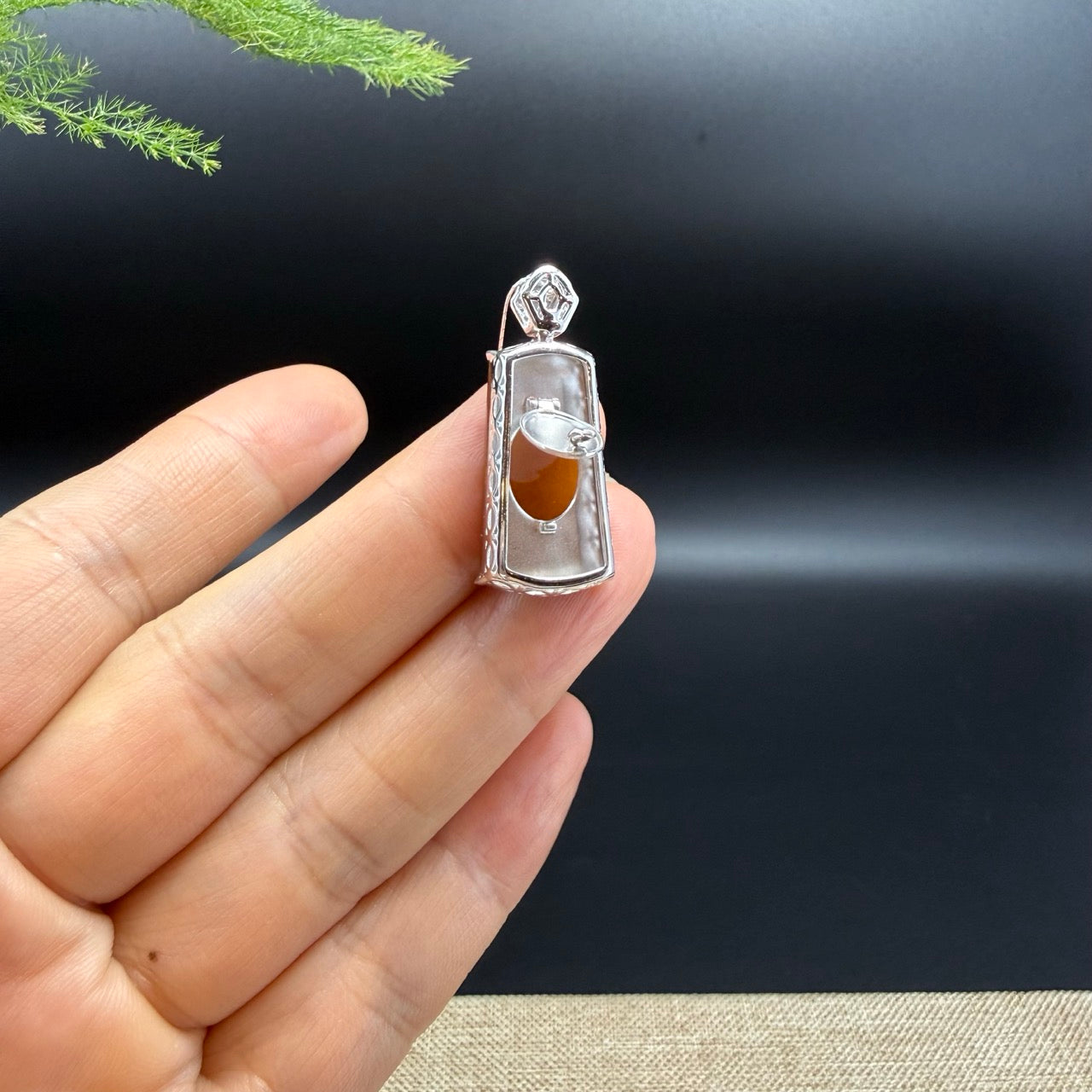 18k White Gold Honey Yellow Jadeite Jade"Ping An Wu Shi Pai" Pendant Necklace