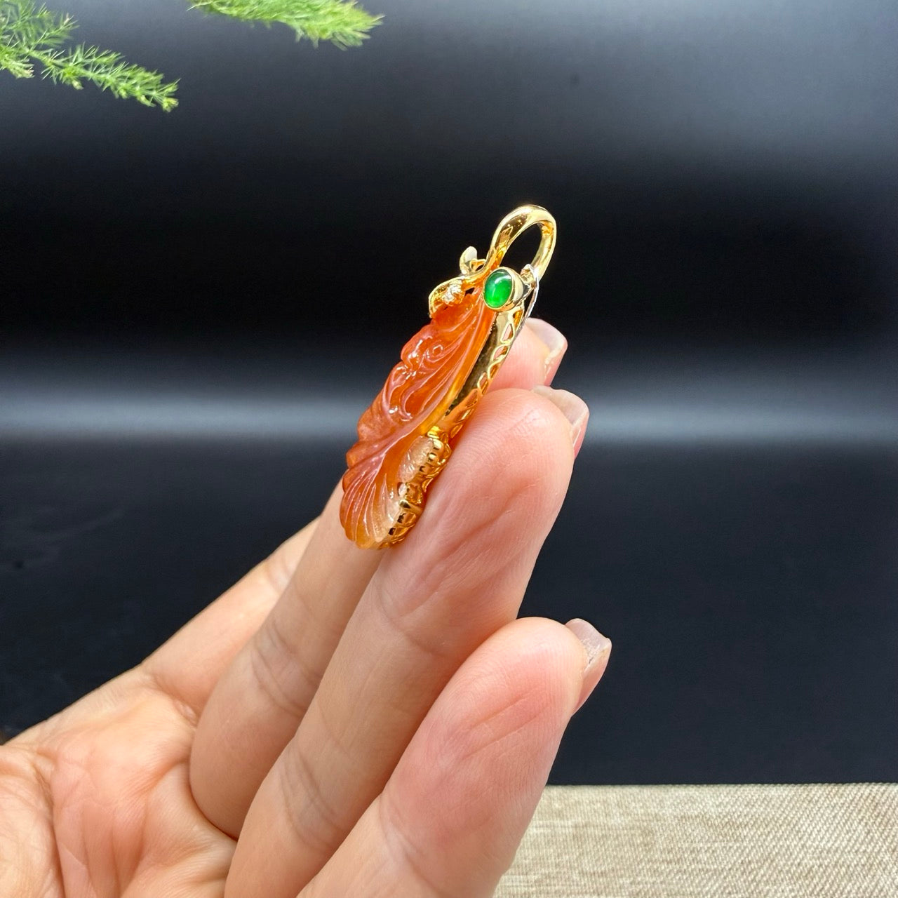 RealJade® "Ginkgo Leaf" 18K Yellow Gold Red Jadeite Jade Pendant Necklace