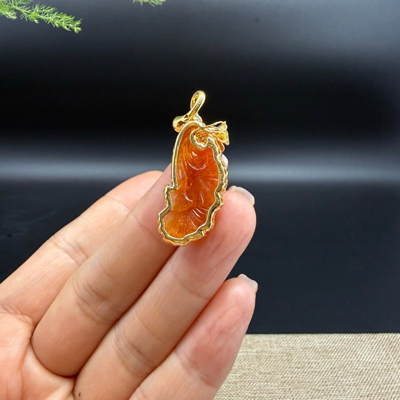 RealJade® "Ginkgo Leaf" 18K Yellow Gold Red Jadeite Jade Pendant Necklace
