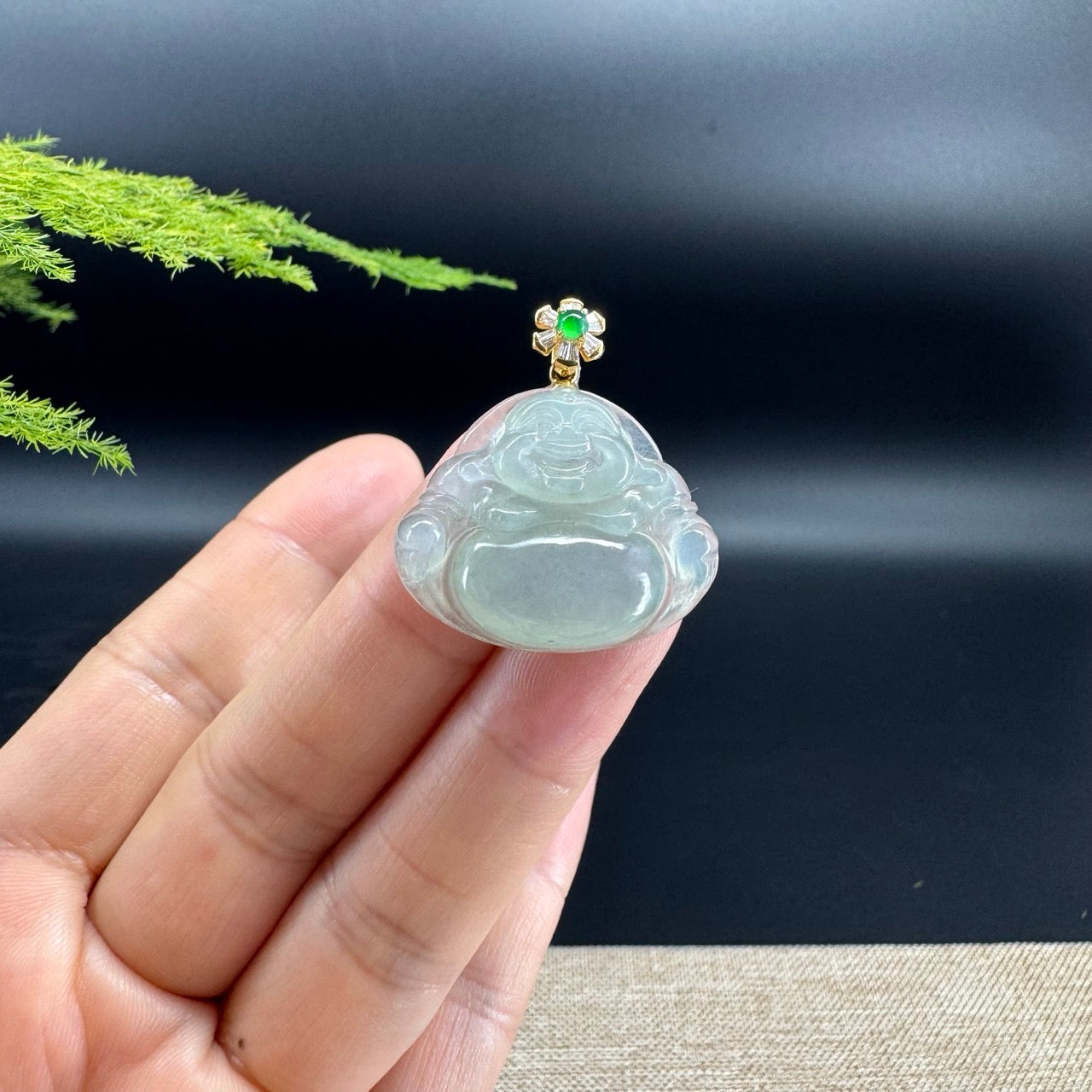 18K Yellow Gold Burmese Icy Green Jadeite Jade Happy Buddha Pendant