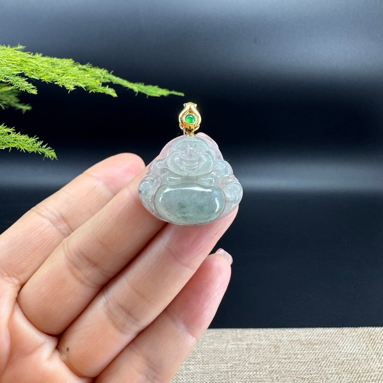 18K Yellow Gold Burmese Icy Green Jadeite Jade Happy Buddha Pendant