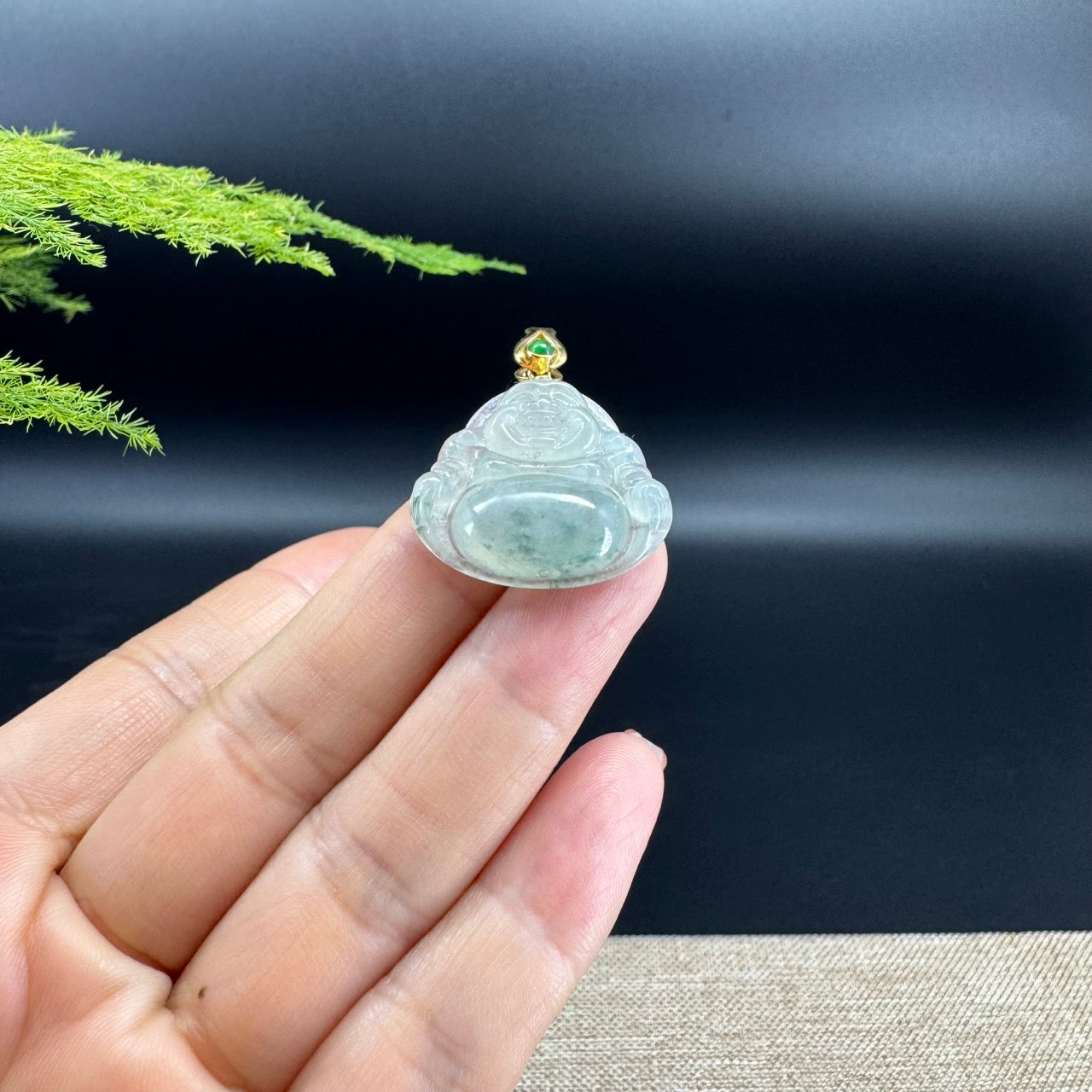 18K Yellow Gold Burmese Icy Green Jadeite Jade Happy Buddha Pendant