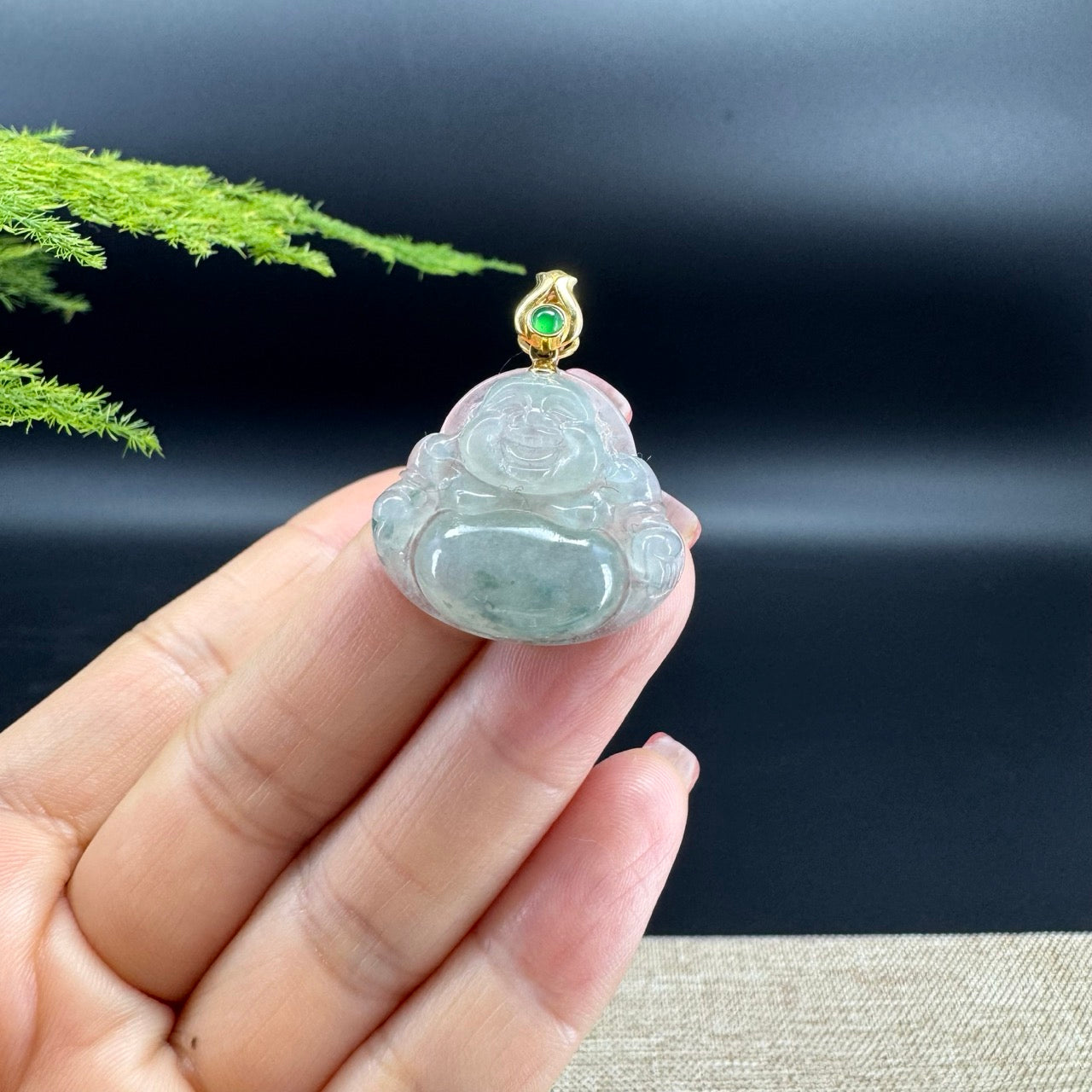 18K Yellow Gold Burmese Icy Green Jadeite Jade Happy Buddha Pendant