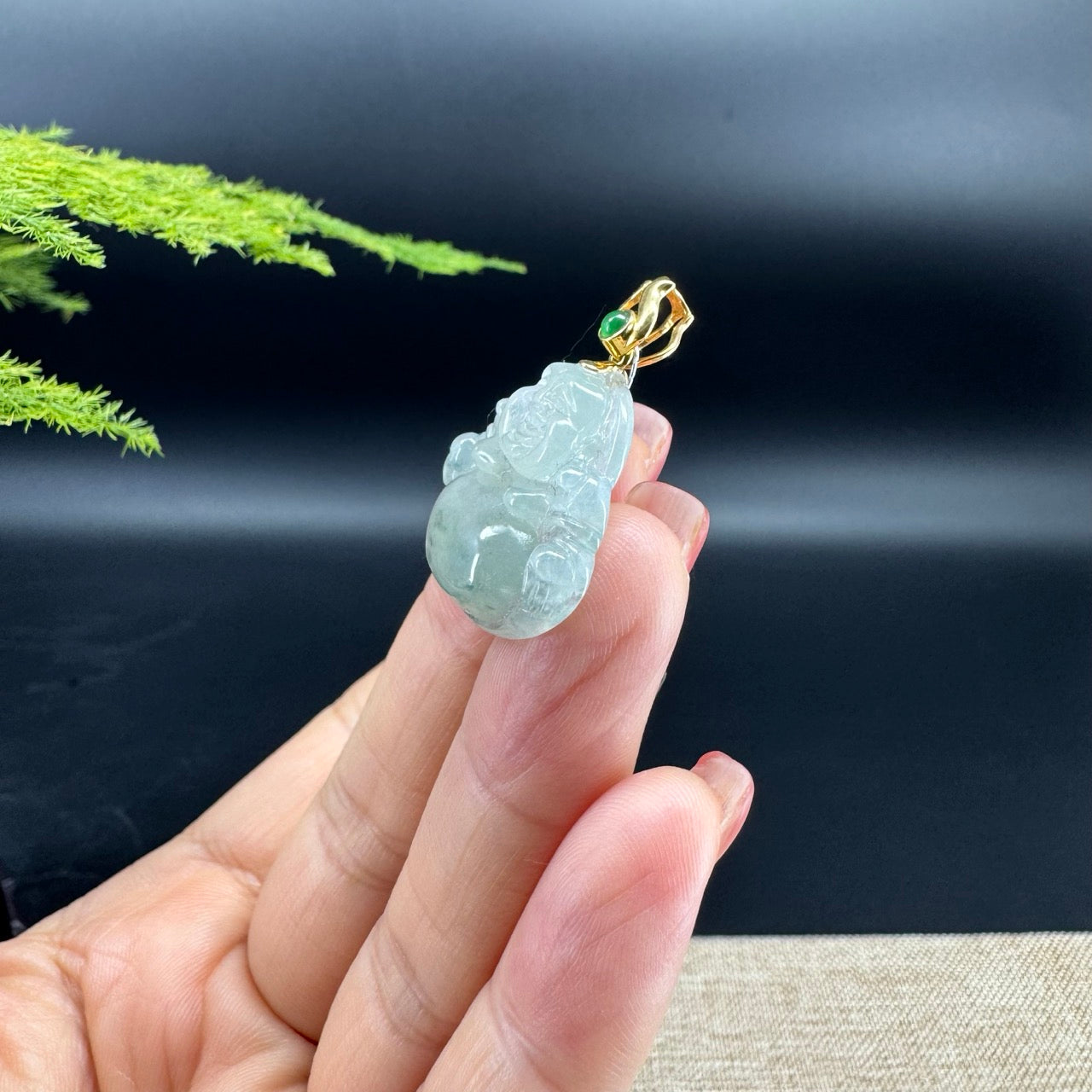 18K Yellow Gold Burmese Icy Green Jadeite Jade Happy Buddha Pendant
