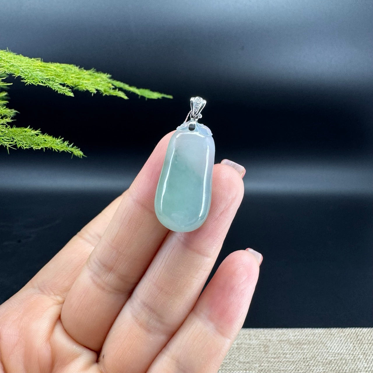"Good Luck Button" Icy Green Jadeite Jade Shou Tao Pendant With 18K White Gold Bail