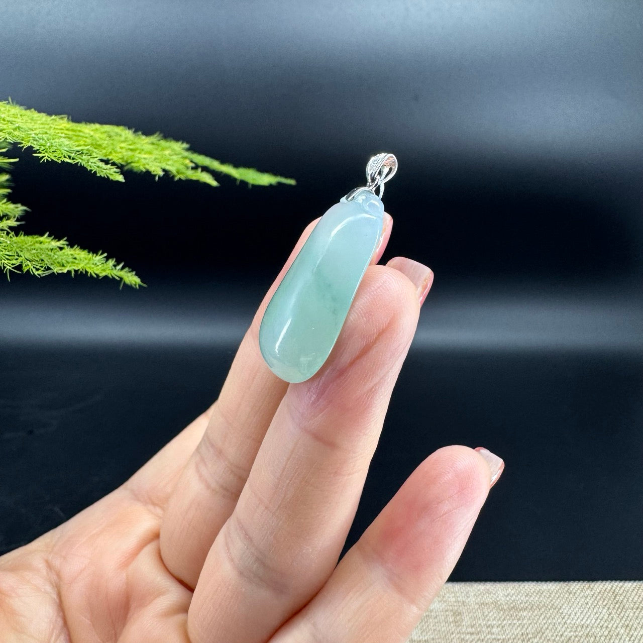 "Good Luck Button" Icy Green Jadeite Jade Shou Tao Pendant With 18K White Gold Bail