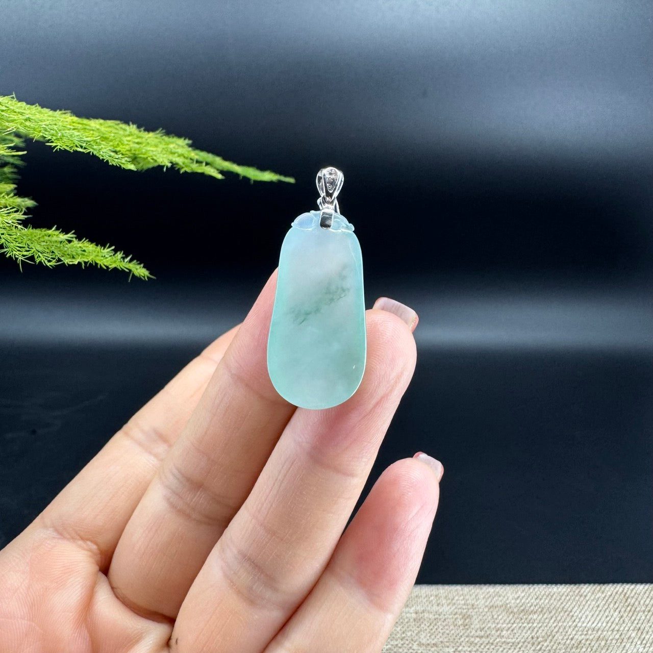 "Good Luck Button" Icy Green Jadeite Jade Shou Tao Pendant With 18K White Gold Bail