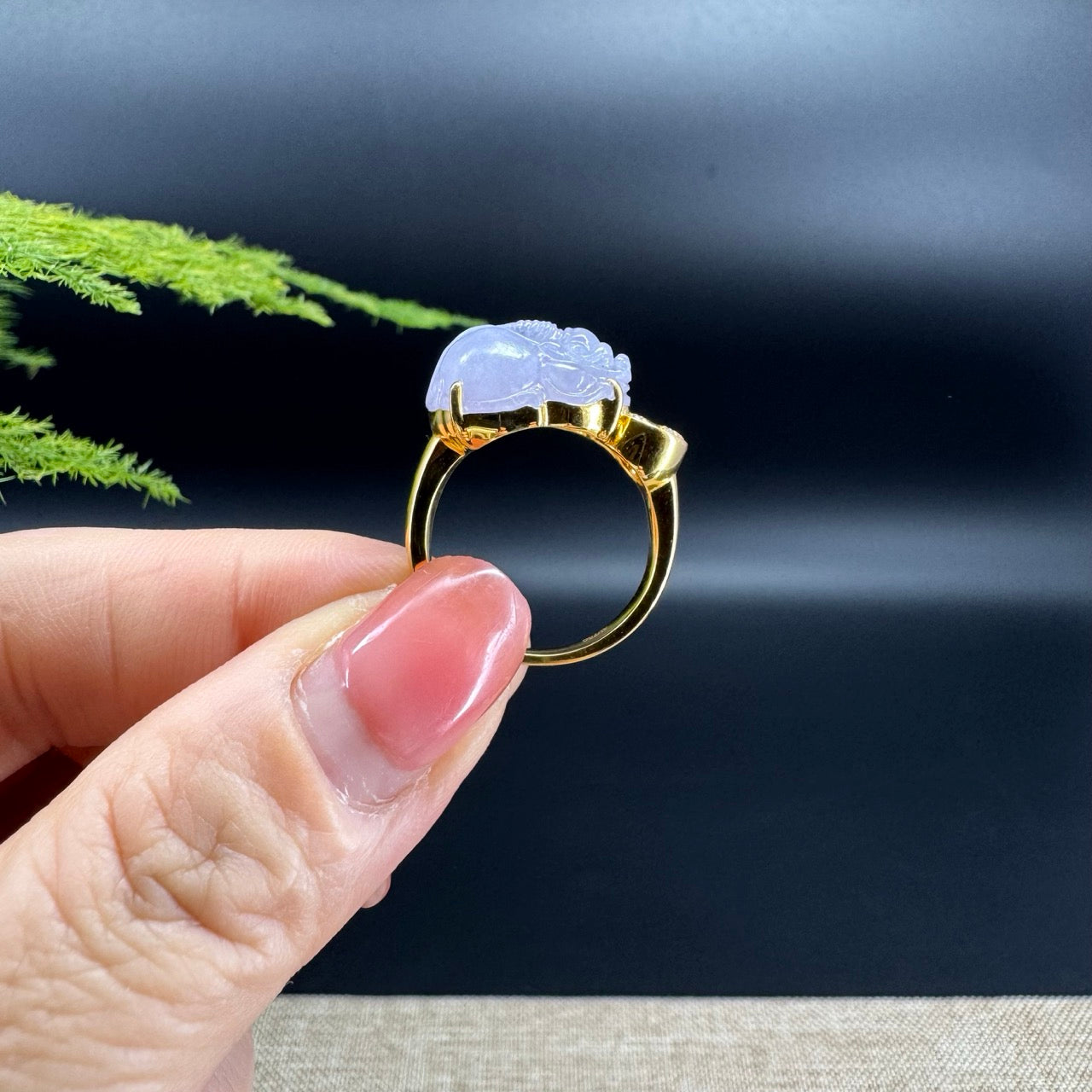 RealJade® 18K Yellow Gold Lavender Jadeite Jade Diamonds PiXiu Ring