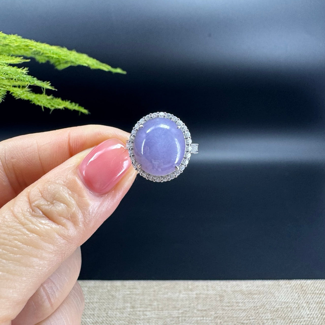 18k White Gold Natural Rich Lavender Oval Jadeite Jade Engagement Ring With Diamonds