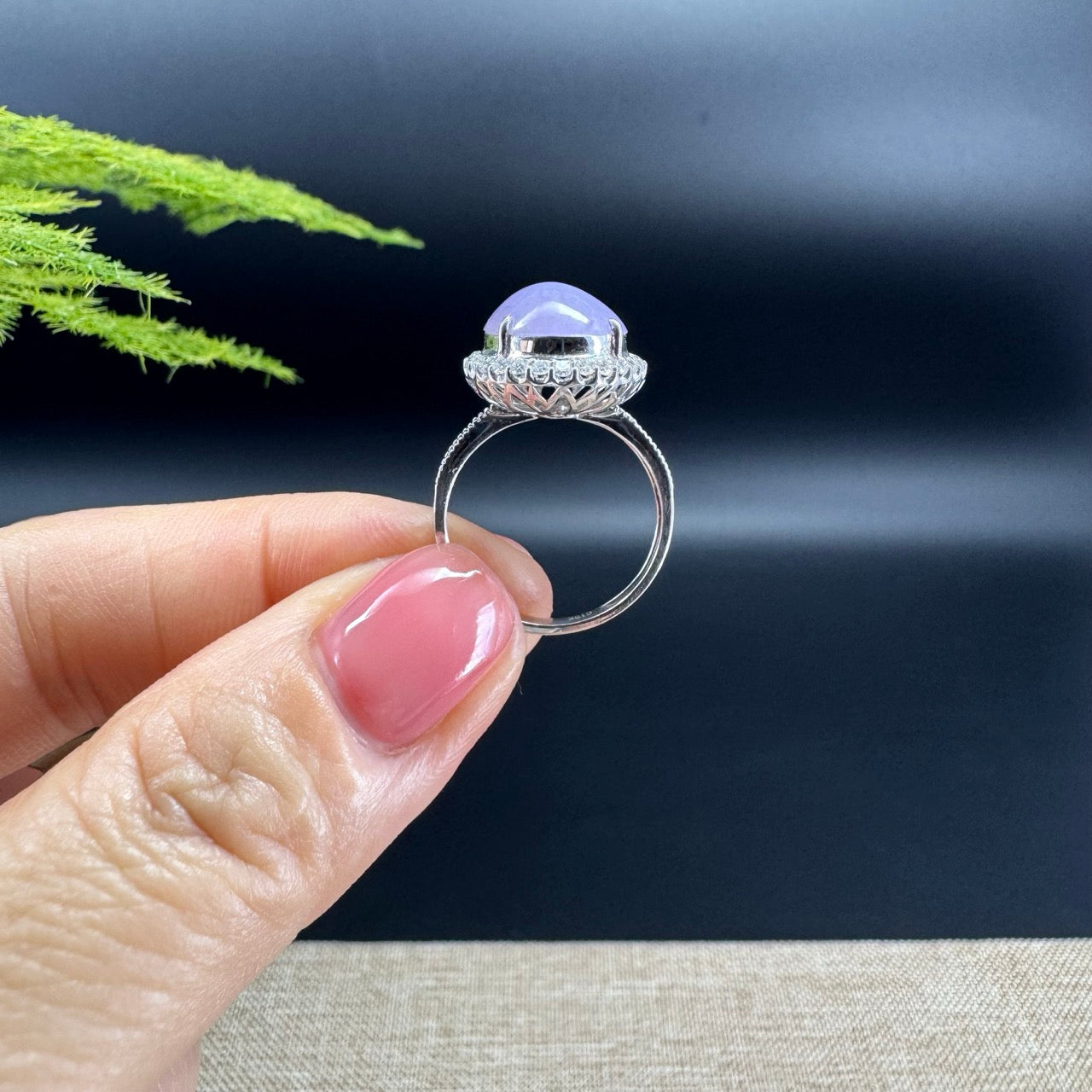 18k White Gold Natural Rich Lavender Oval Jadeite Jade Engagement Ring With Diamonds