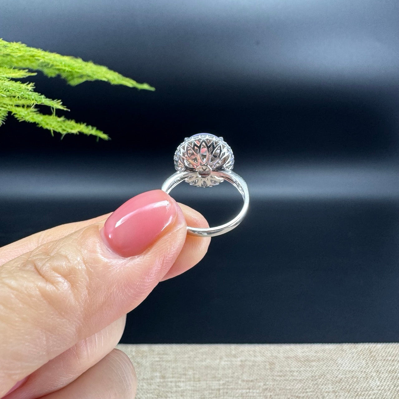 18k White Gold Natural Rich Lavender Oval Jadeite Jade Engagement Ring With Diamonds