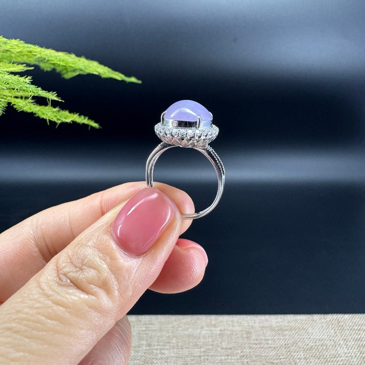 18k White Gold Natural Rich Lavender Oval Jadeite Jade Engagement Ring With Diamonds