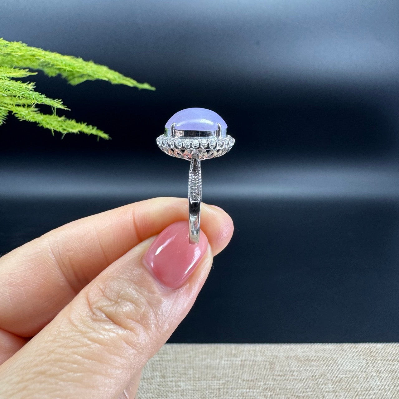 18k White Gold Natural Rich Lavender Oval Jadeite Jade Engagement Ring With Diamonds