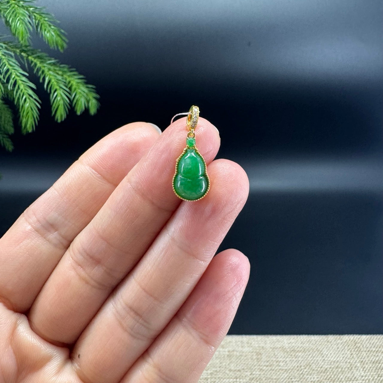 Genuine Green Jadeite Jade Mini Hulu Necklace With 18K Yellow Gold Diamonds Bail