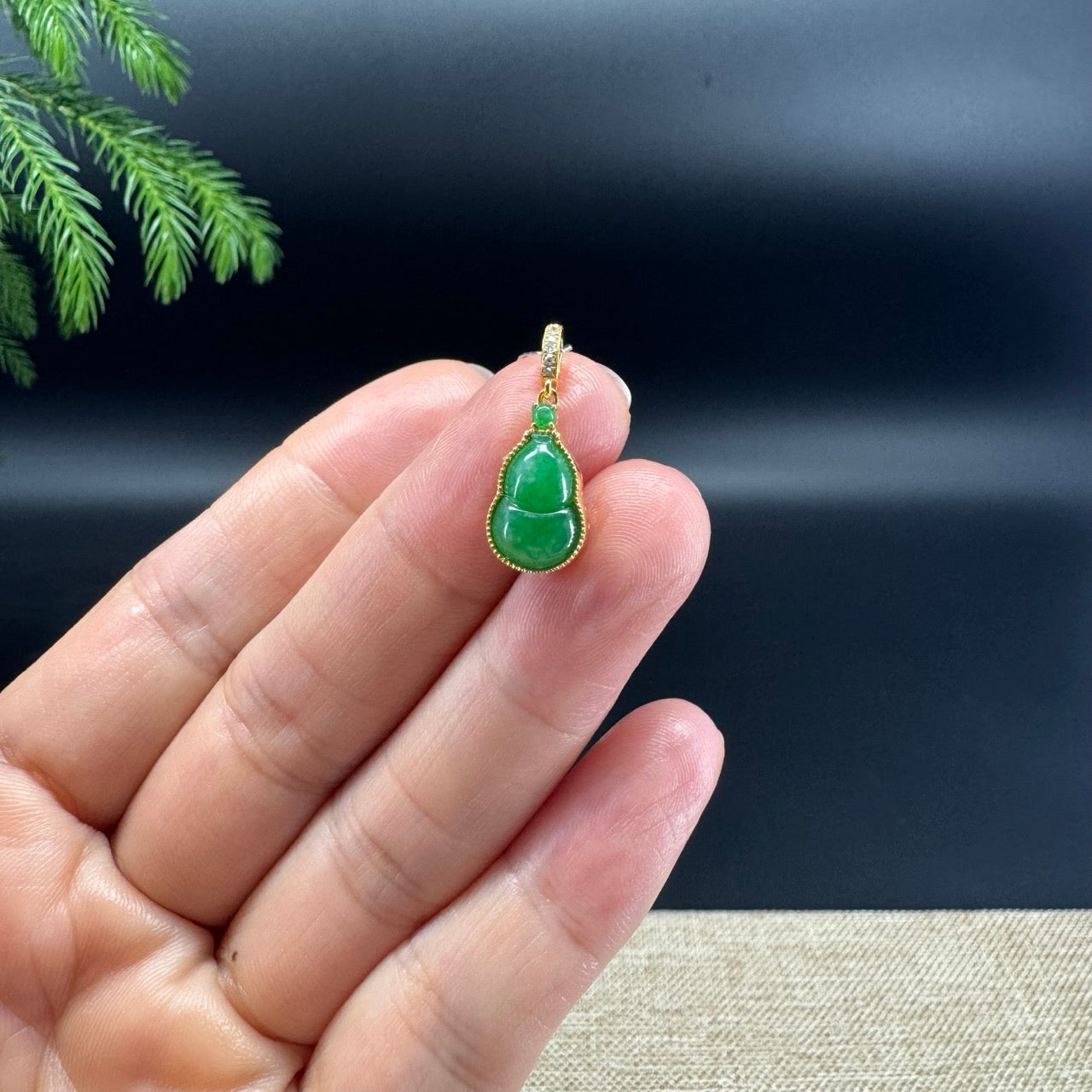 Genuine Green Jadeite Jade Mini Hulu Necklace With 18K Yellow Gold Diamonds Bail