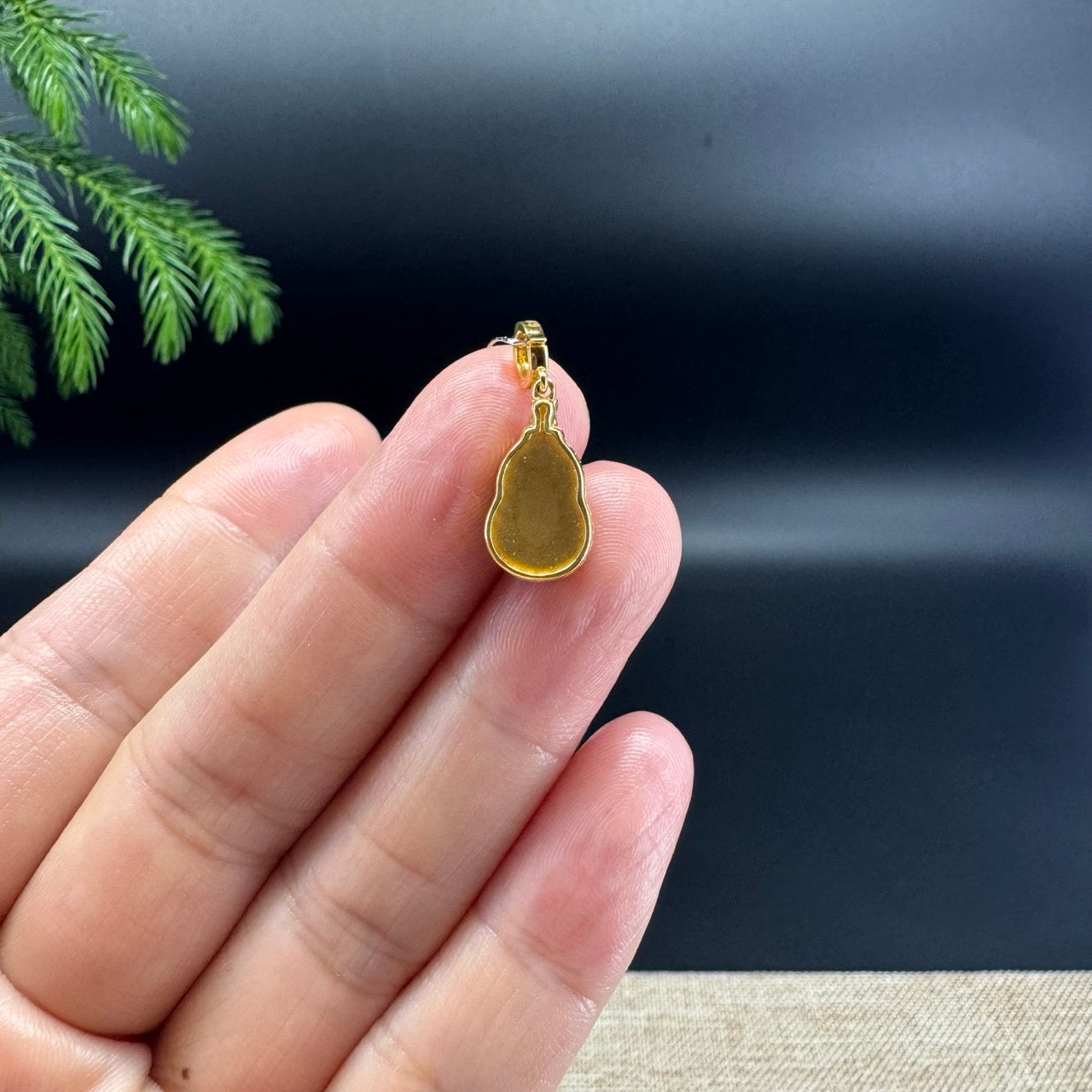 Genuine Green Jadeite Jade Mini Hulu Necklace With 18K Yellow Gold Diamonds Bail