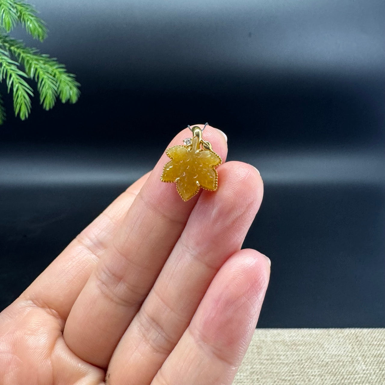 RealJade® "Maple Leaf" 18K Yellow Gold Honey Yellow Jadeite Jade Pendant