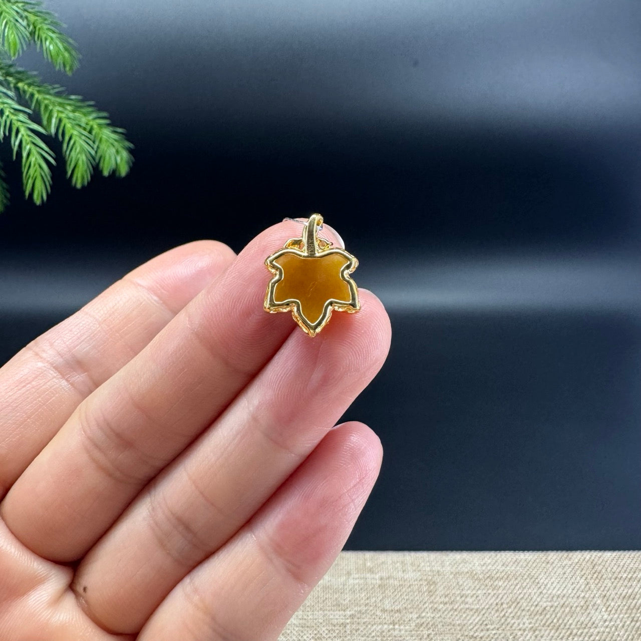 RealJade® "Maple Leaf" 18K Yellow Gold Honey Yellow Jadeite Jade Pendant