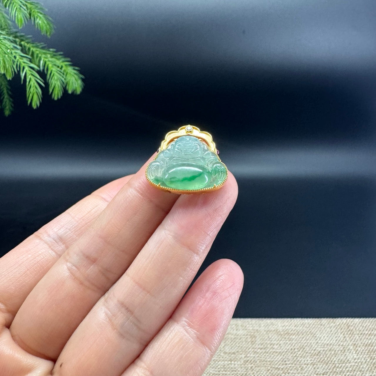 18K Yellow Gold Burmese Icy Green Jadeite Jade Happy Buddha Pendant